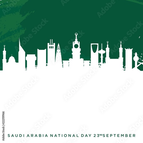 Saudi Arabia Flag and Coat of Arms with Arabic text. Translation: Kingdom of Saudi Arabia; Saudi National Day. 23rd September. Vector Illustration. Eps 10.