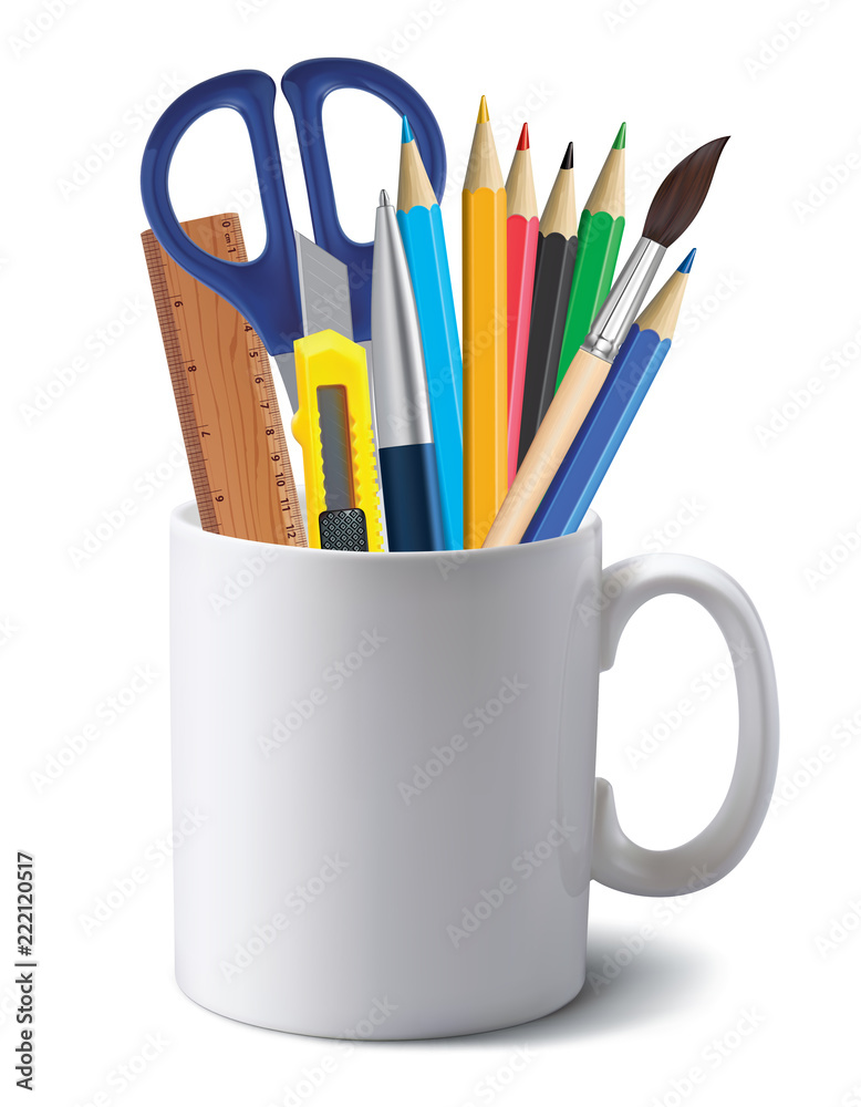Cup with office tools isolated on white. Realistic 3d illustration Cup with office tools isolated on white. Realistic 3d illustration