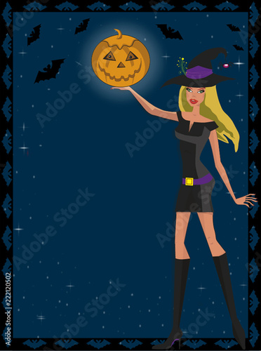 Cute green eyed blonde witch in short dress hanging pumpkin