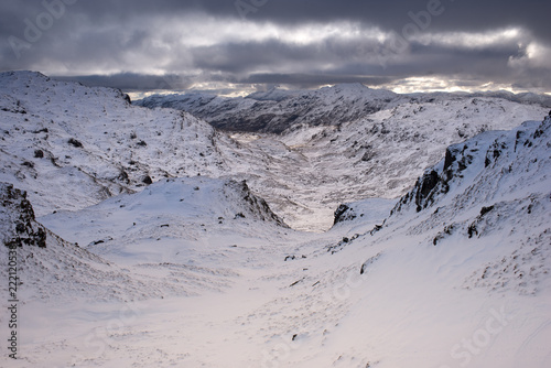 A snowy landscape view just below the summit of Beinn Chabhair, a Munro, in Scotland.