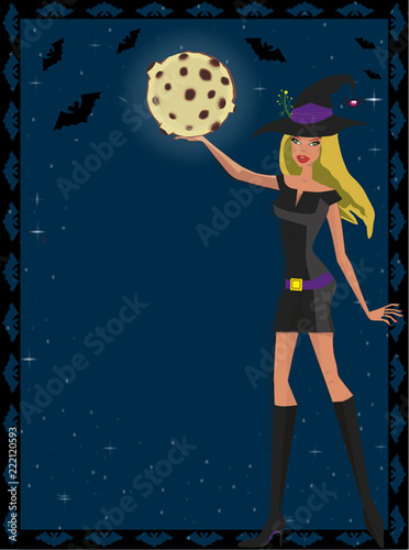 Cute green eyed blonde witch in short dress hanging moon