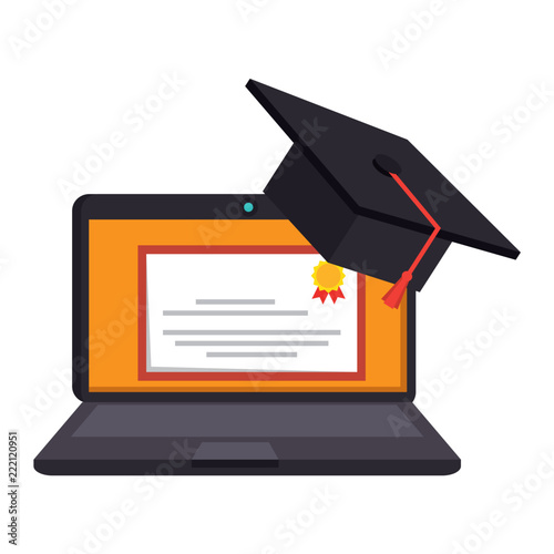 laptop with diploma and hat graduation