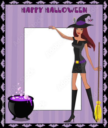 Template with cute green eyed  witch  in short dress