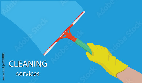 Cleaning service - hands in rubber gloves washes glass wiper - blue background - art vector
