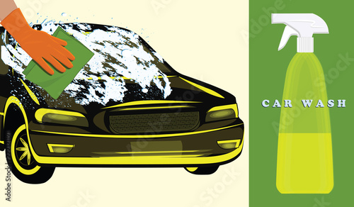 Car wash - car in soap foam, hand in rubber glove, spray - art vector