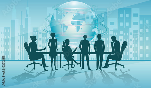 Team of businessmen in the office - cityscape and transparent globe - art vector. Concept of Information Ideas. International Business