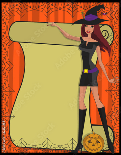 Template with cute green eyed witch in short dress