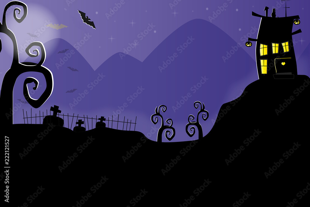 Halloween vector illustration of the old scary house under the full moon and cemetery in the top of the hill with space for text