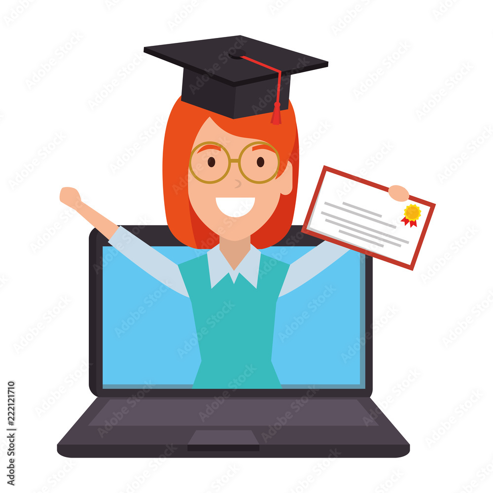 laptop with woman student and graduation diploma laptop with woman student and graduation diploma