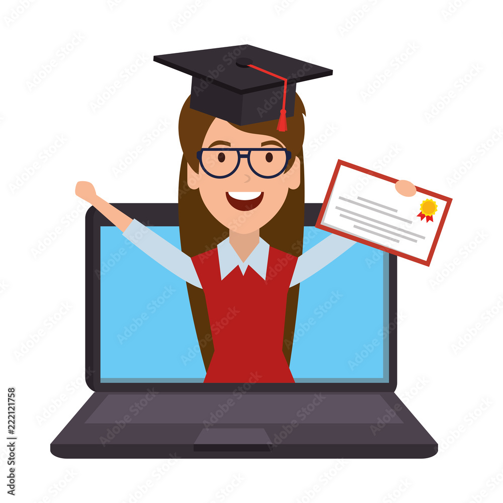 laptop with woman student and graduation diploma laptop with woman student and graduation diploma