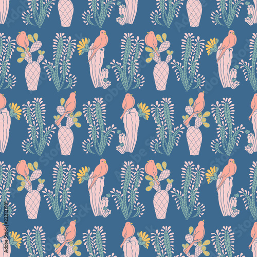 Cute birds on cactus blue seamless vector pattern background. Perfect for fabric, scrapbooking, wallpaper projects.