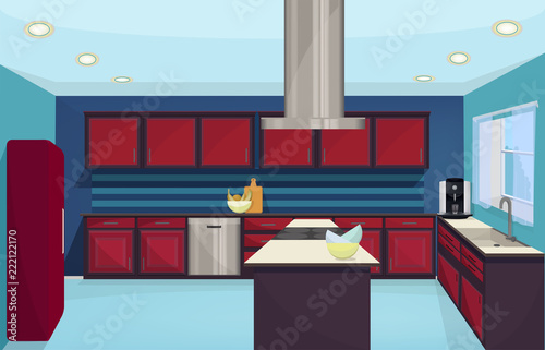 Kitchen furniture interior vector design. Vector illustration of kitchen working space with stove, fridge, dishwasher and exhaust fan.