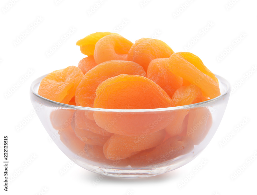 Bowl with dried apricots on white background Bowl with dried apricots on white background