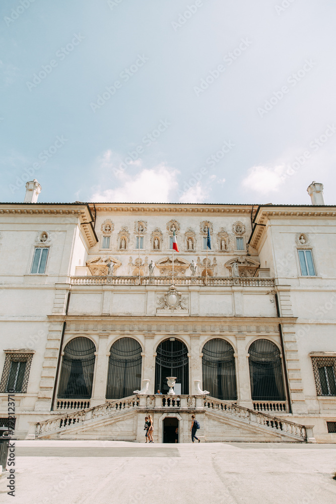 The Borghese gallery in Rome. Historical attraction, cultural heritage. Paintings and sculptures of great artists. General view and interior. Park