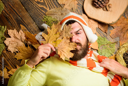 Hipster wear knitted striped hat and scarf hold autumn leaves. Enjoy fall and autumn season. Man bearded face lay on wooden background with orange leaves top view. Fallen cozy clothes and accessories