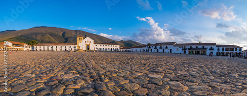 Colombia, Villa de Leyva (Plaza Mayor) is a touristic colonial town and municipality, in the Ricaurte Province, part of the Boyaca, department of Colombia. Parish church on the plaza central photo