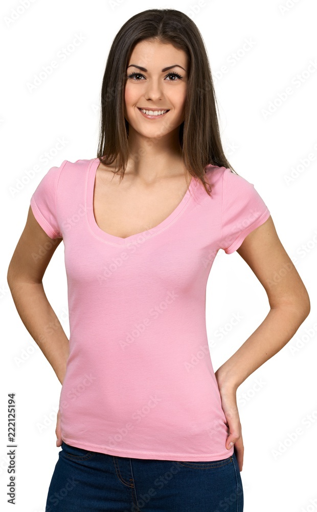 Friendly Young Woman Standing with Hands on Hips - Isolated Friendly Young Woman Standing with Hands on Hips - Isolated