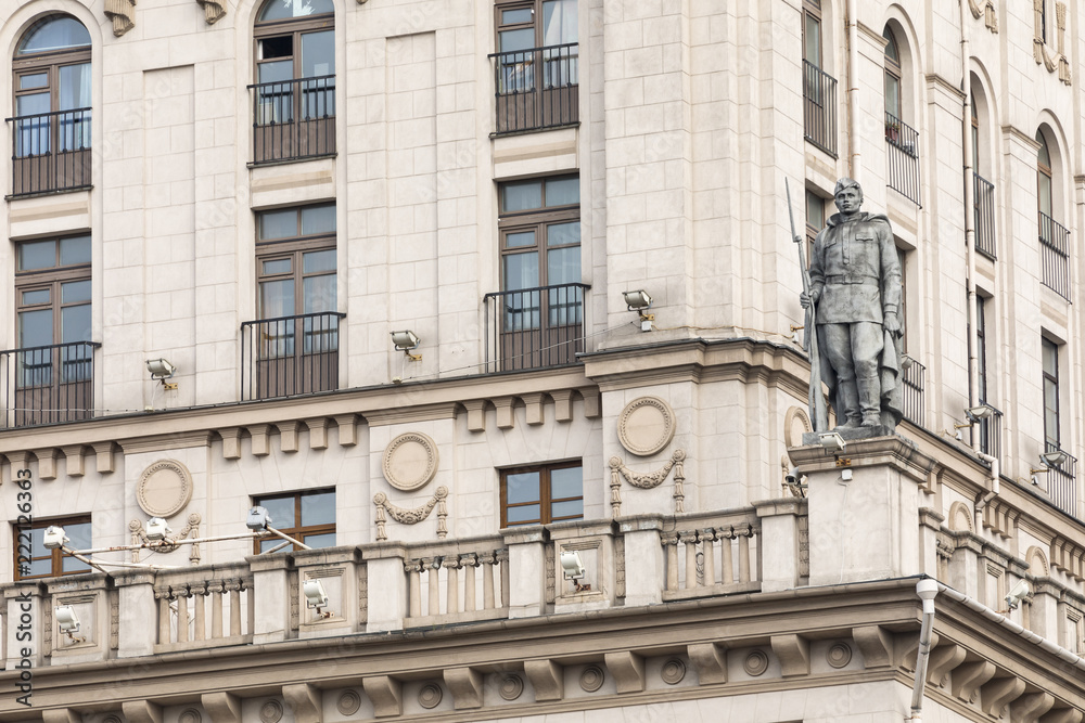 Detailed view of The Gates Of Minsk. Soviet Heritage. Famous Landmark. Station Square. Minsk. Belarus.