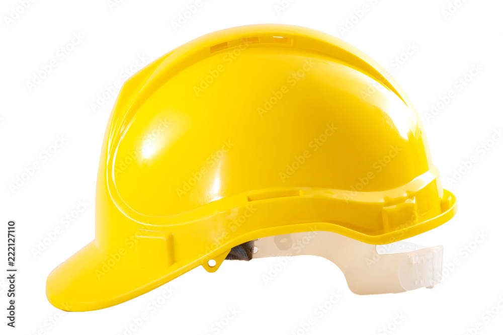 Industrial workers or construction site safety equipment concept with side  view of a yellow hard hat isolated on white background with a clipping path  cutout Stock Photo | Adobe Stock