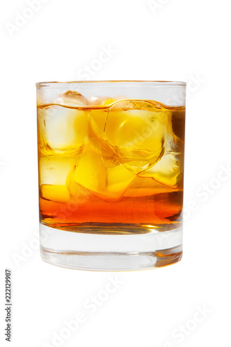 A single-colored transparent cocktail, refreshing in a low glass with radiant ice cubes with a taste of melon, pineapple, pear, apple, fruit, Orange. Side view Isolated white background