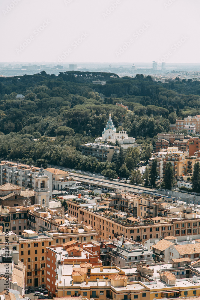 Vatican city, St. Peter's square. The view from the top and inside. Ancient architecture of Rome and the sights. Sculptures and Frescoes of great artists. Vatican Museum inside. Panoramic view