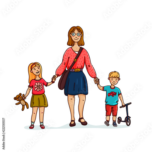 Young stylish Mother or nanny, babysitter walking with 2 kids. Happy family. Vector flat style illustration.