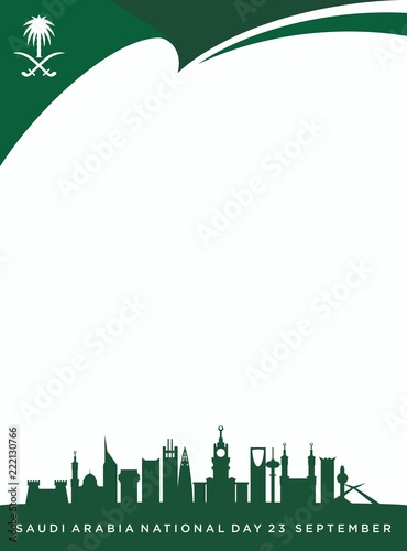 Saudi Arabia Flag and Coat of Arms with Arabic text. Translation: Kingdom of Saudi Arabia; Saudi National Day. 88. 23rd September. Vector Illustration. Eps 10.