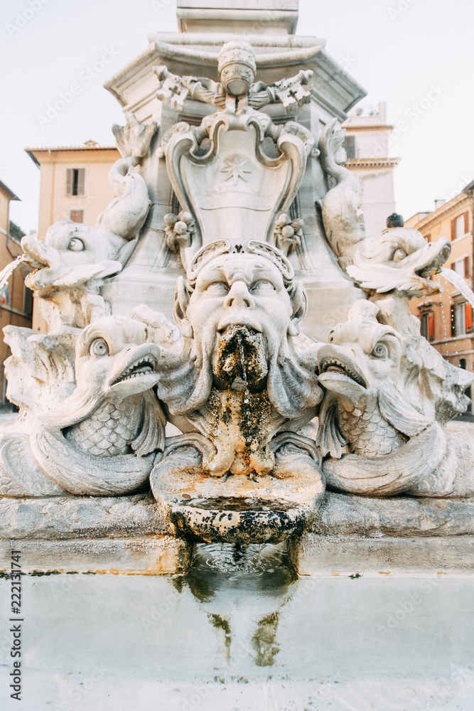 The architecture of Rome and the Italian style in stucco. Sights of the old town, tourist places. Street art, world heritage. Miracle of light. Carved columns and capitals. Ancient structure