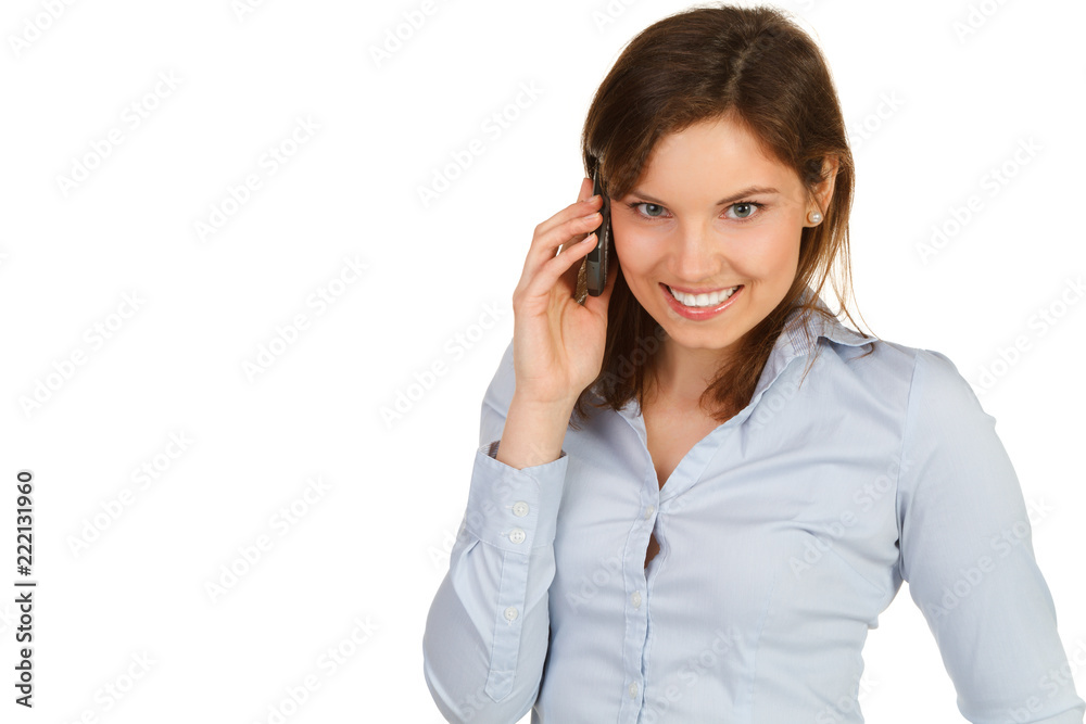 beautiful young woman in blue shirt calling beautiful young woman in blue shirt calling