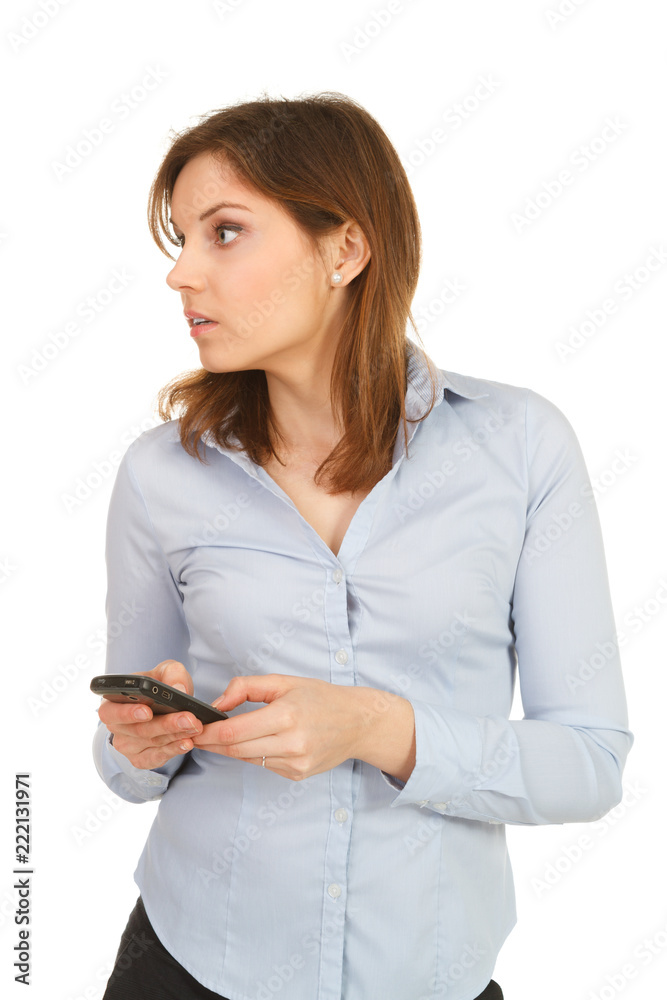 beautiful young woman in blue shirt calling beautiful young woman in blue shirt calling