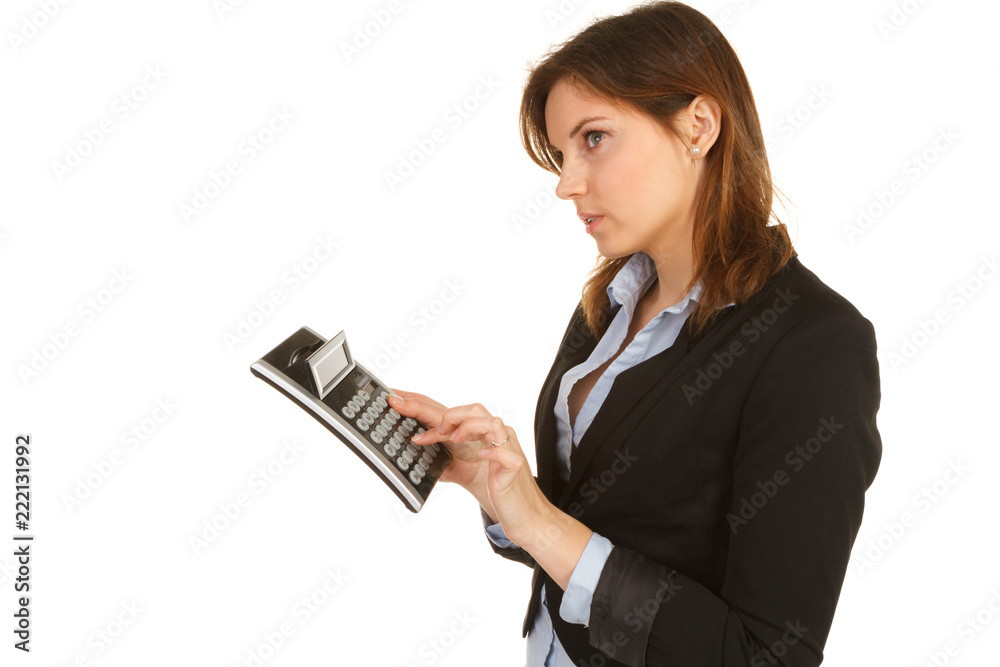 beautiful woman accounting on calculator isolated beautiful woman accounting on calculator isolated