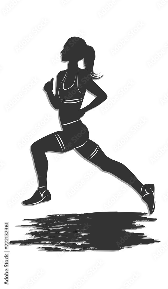 Runner - woman silhouette - grunge element - isolated on white background - flat style - vector
