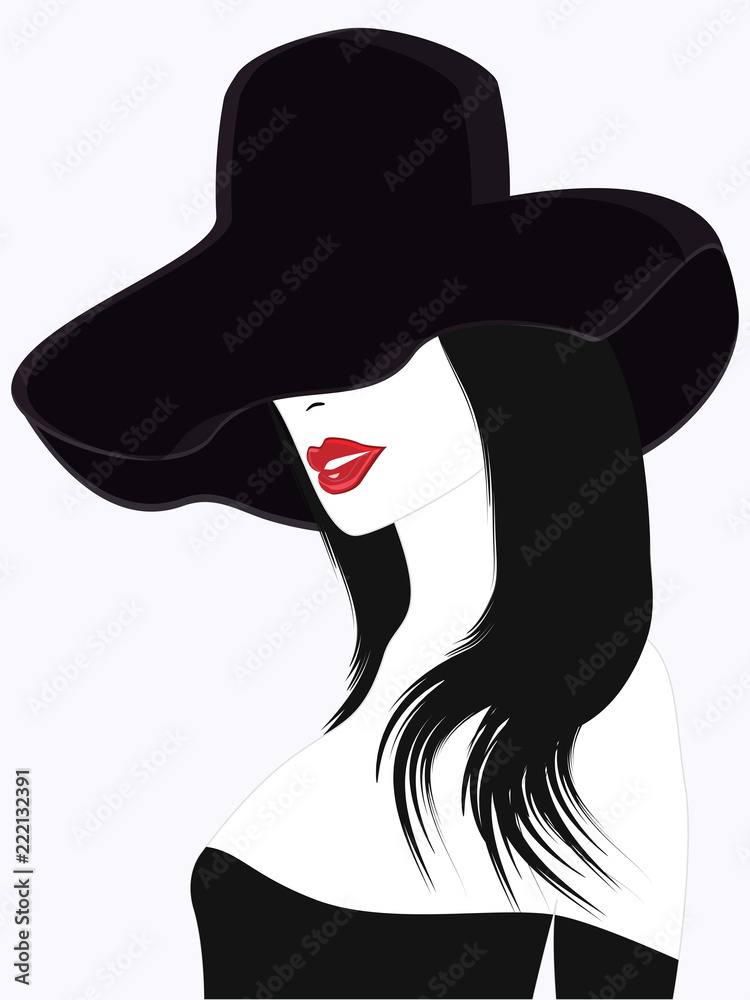 Silhouette of a woman in a hat, red lips, long hair, modern, elegant - isolated on white background - flat style - art vector Silhouette of a woman in a hat, red lips, long hair, modern, elegant - isolated on white background - flat style - art vector
