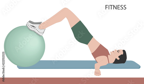Fitness ball - exercise for the abdominal muscles - isolated on white background - flat style - vector art