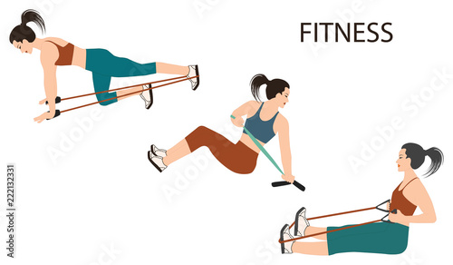 Fitness - set of three exercises with a rubber band - isolated on a white background - flat style - art vector