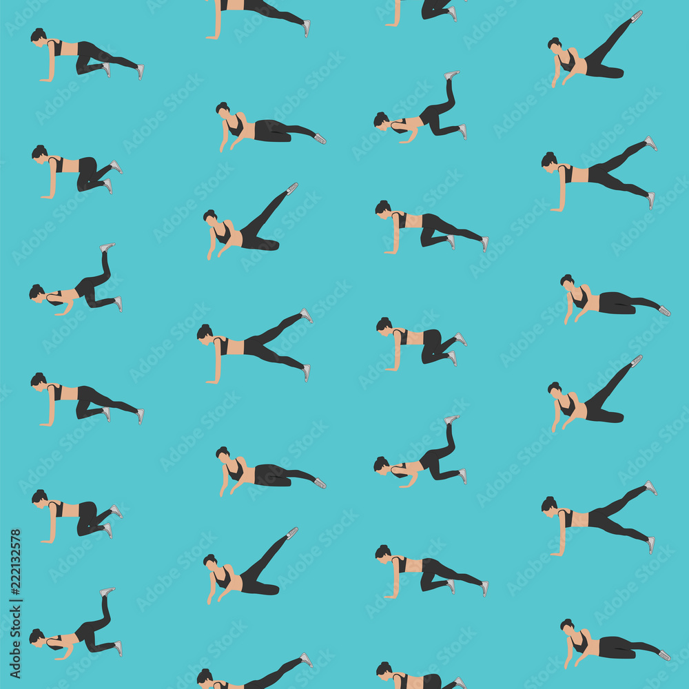 Sports pattern - fitness - girl performs a set of exercises for losing weight - light background - vector
