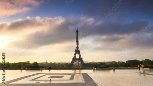 Beautiful full HD timelapse (hyperlapse) of the Eiffel tower at sunrise in spring in Paris, France
