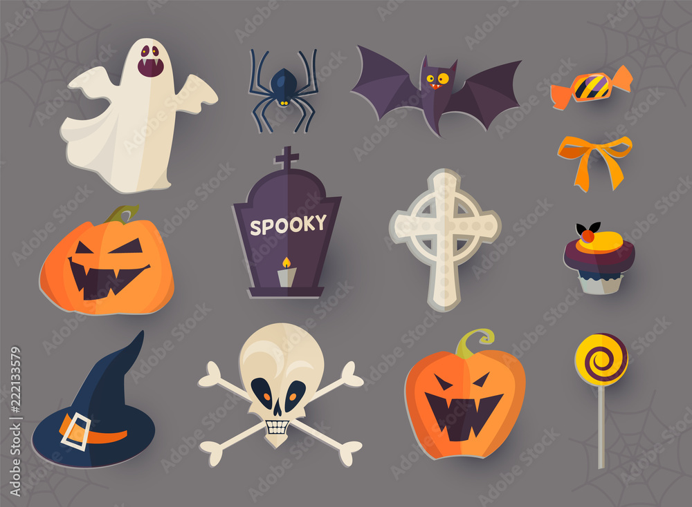Halloween Cartoon Elements Set. Stickers. Halloween Cartoon Elements Set. Stickers.