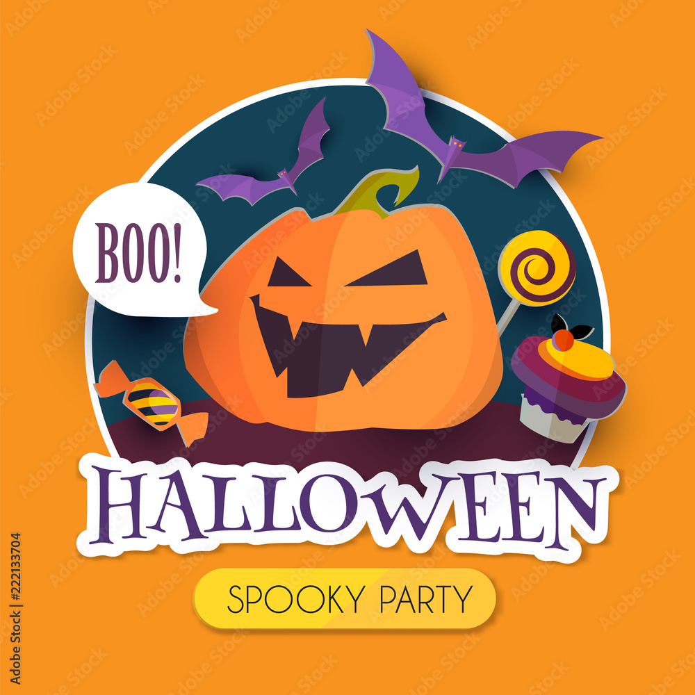 Happy Halloween Design Template with Smilling Pumplin, Candy and Bats,
