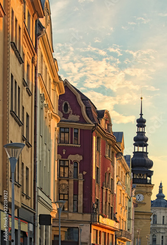 Colorful tenement houses and Old Town Hall at Masaryk Square in Ostrava during summer sunset. Czech Republic