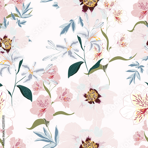 Floral Seamless Pattern with Pink Peony Flowers, alstroemeria and lilies. 