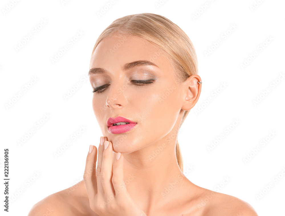Beautiful young woman with bright pink lipstick on white background Beautiful young woman with bright pink lipstick on white background