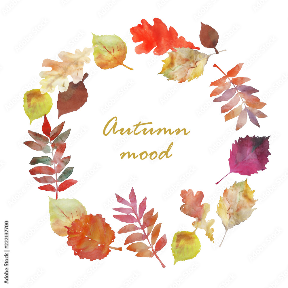 Watercolor round wreath of autumn leaves