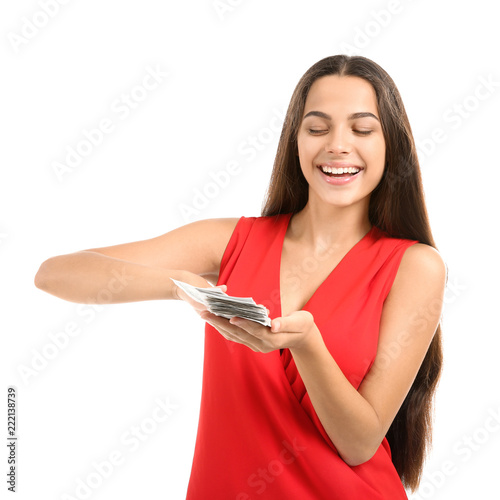 Happy young woman with doll...