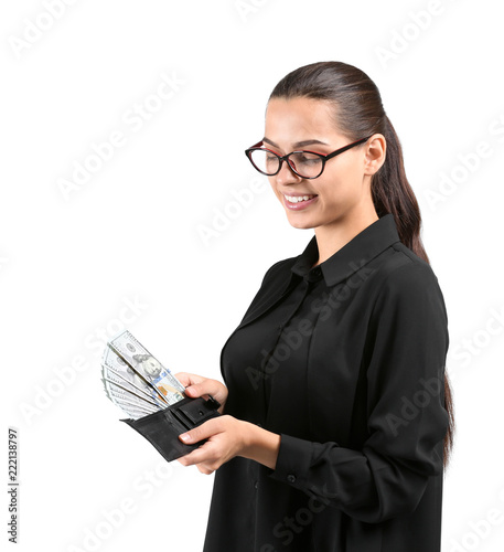 Young woman holding wallet ...