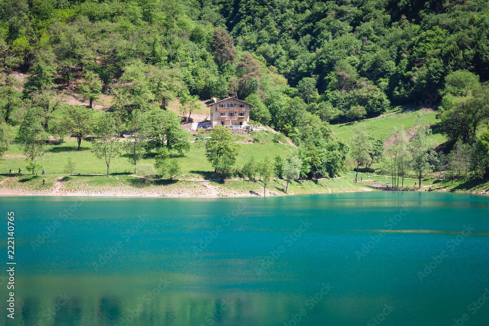 Panorama of Lake Tenno surrounded by Italian mountains. Panorama of Lake Tenno surrounded by Italian mountains.