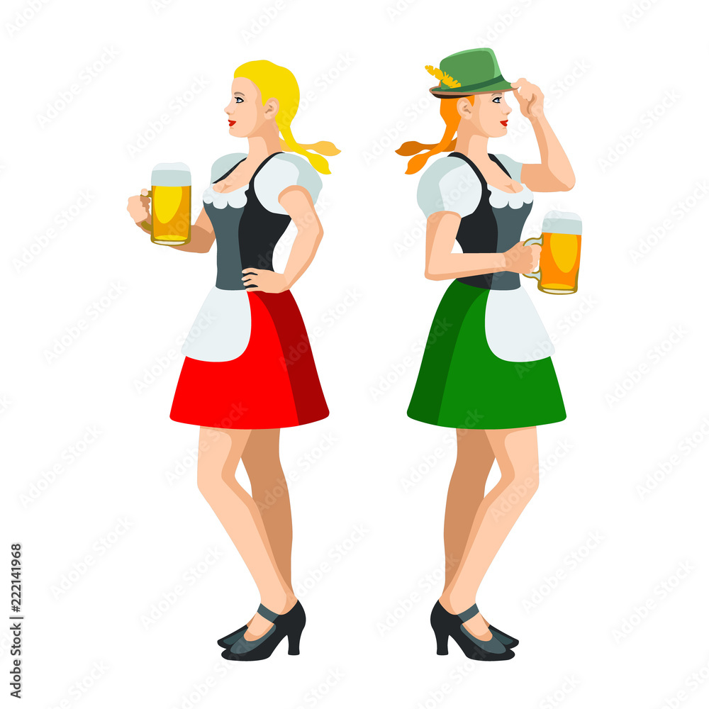 Two isolated figures of an Oktonerfest girl in national dress with a beer mug Two isolated figures of an Oktonerfest girl in national dress with a beer mug