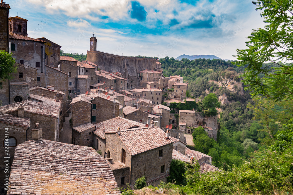 Panorama of Sorano, a town built on a tuff rock, one of the most beautiful villages in Italy.