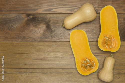 Harvest of pumpkins at wooden background