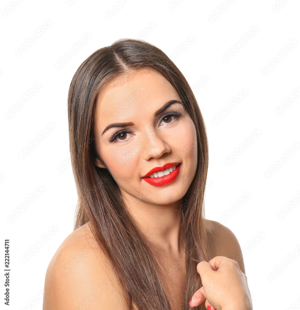 Beautiful young woman with red lipstick on white background Beautiful young woman with red lipstick on white background
